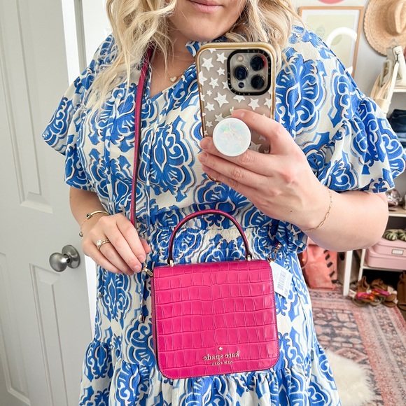 NWT Kate Spade New York Croc Embossed Staci Square Crossbody Bag In Festive Pink - Picture 2 of 8